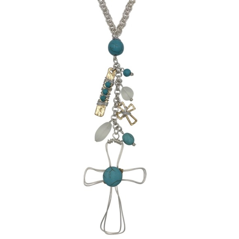 Wire Art Cross Turquoise Charm Cluster Necklace